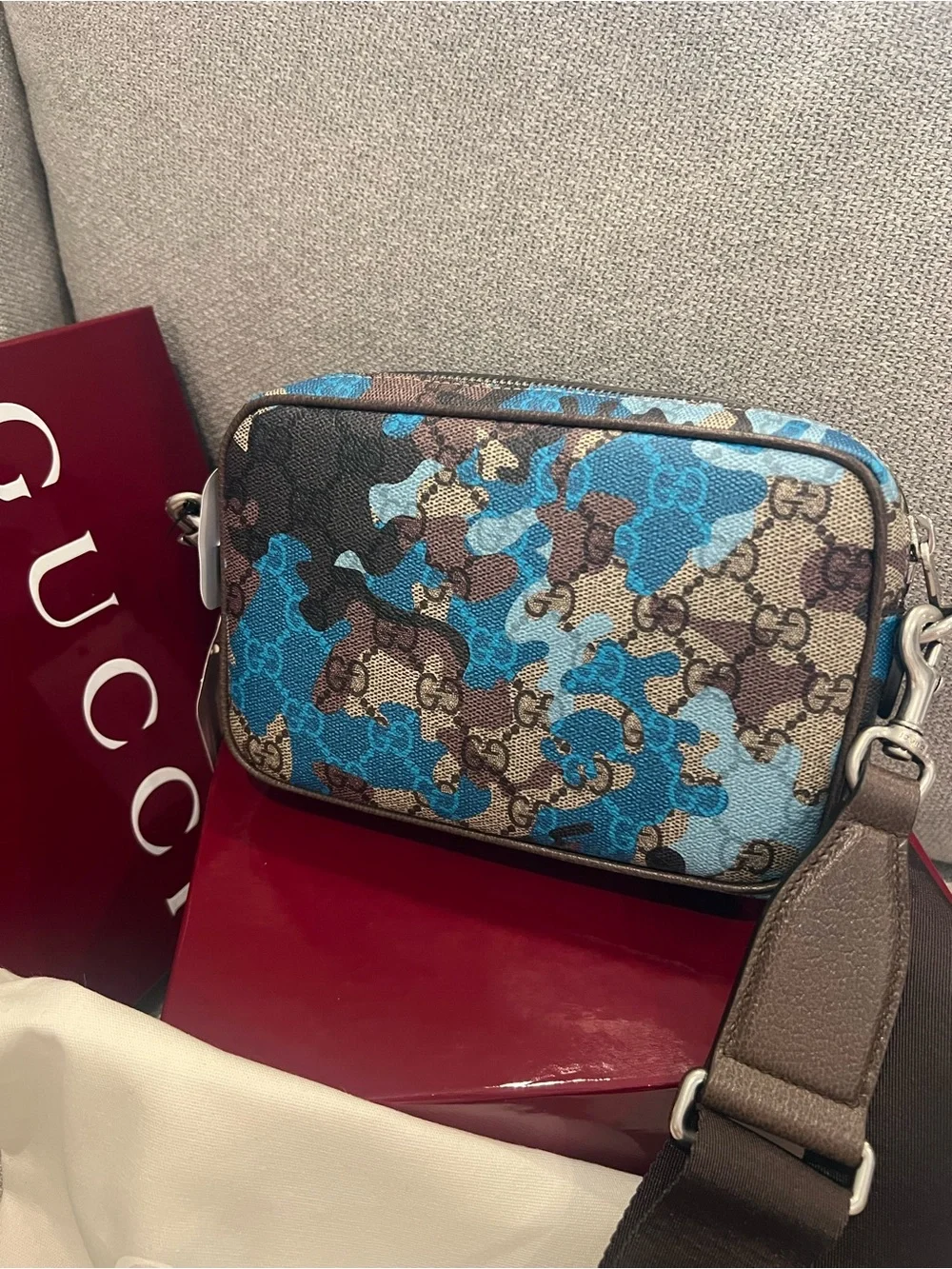 New Gucci Brown and Blue GG Supreme Camouflage Crossbody Bag